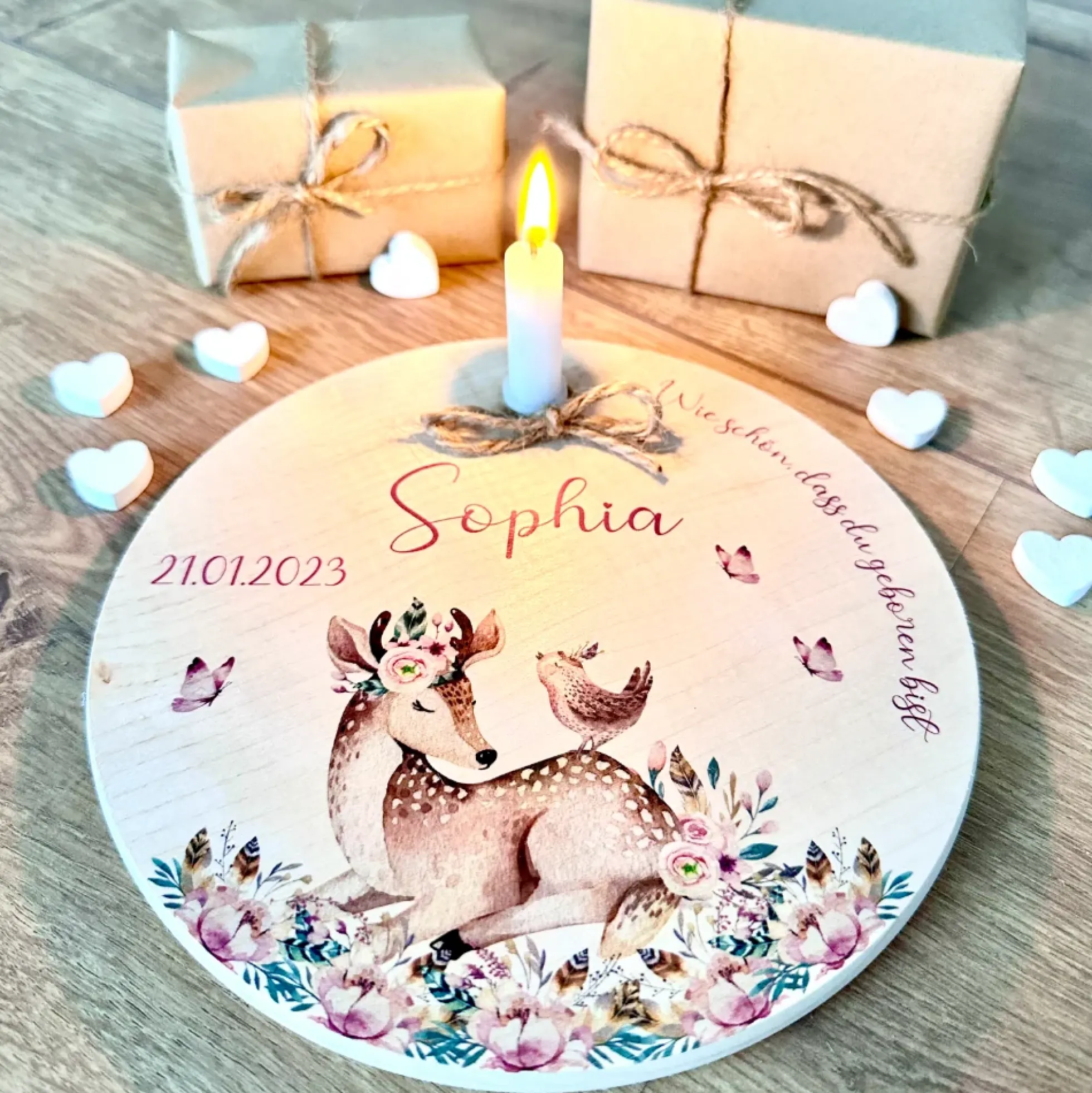 Geburtstagsteller "Rehkitz" für Kinder | Personalisierter Kerzenteller aus Holz für Mädchen und Jungen + Kerze | Geschenkidee zur Geburt, Taufe, Kindergeburtstag | weitere Motive zur Auswahl