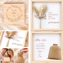 Geldgeschenk Hochzeit personalisiert | Hochzeitsgeschenk Brautpaar mit Namen & Datum | Holzbox Geldgeschenk Hochzeit mit Jutesack