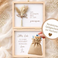 Geldgeschenk Hochzeit personalisiert | Hochzeitsgeschenk Brautpaar mit Namen & Datum | Holzbox Geldgeschenk Hochzeit mit Jutesack