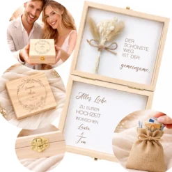 Geldgeschenk Hochzeit personalisiert | Hochzeitsgeschenk Brautpaar mit Namen & Datum | Holzbox Geldgeschenk Hochzeit mit Jutesack
