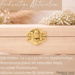 Geldgeschenk Hochzeit personalisiert | Hochzeitsgeschenk Brautpaar mit Namen & Datum | Holzbox Geldgeschenk Hochzeit mit Jutesack