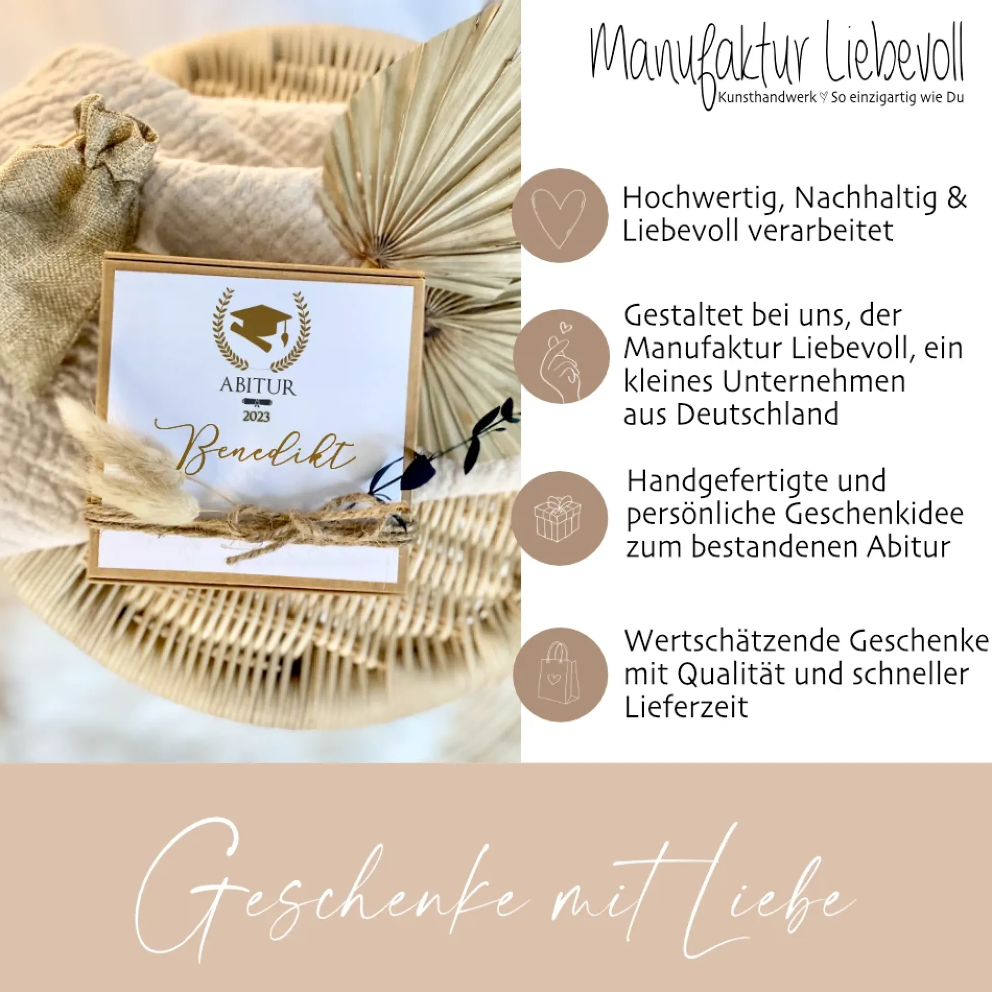 Geldgeschenk zum Abitur, personalisiertes Abi Geschenk mit Karte, Glückwunsch Spruch und Jutebeutel in Geschenkbox als Geschenkidee für Abiturienten