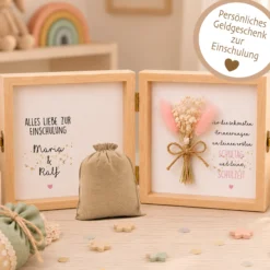 Geschenkbox zur Einschulung – personalisierte Holzbox mit Trockenblumen & Geldsäckchen