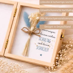 Geschenkbox zur Einschulung – personalisierte Holzbox mit Trockenblumen & Geldsäckchen