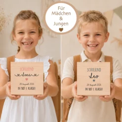 Geschenkbox zur Einschulung – personalisierte Holzbox mit Trockenblumen & Geldsäckchen
