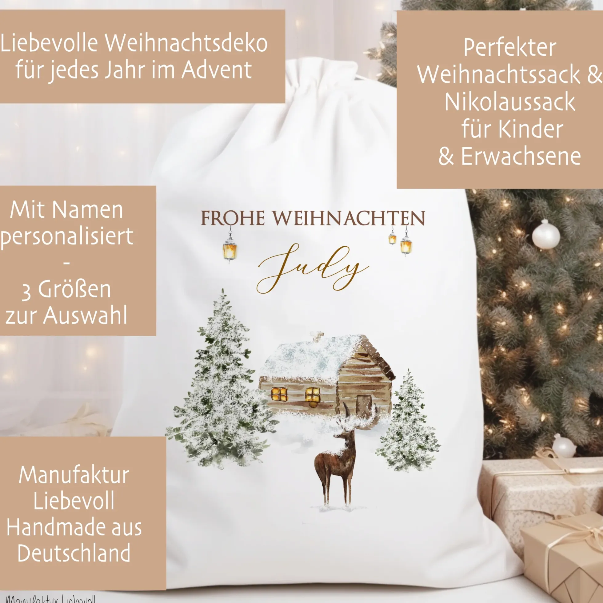 Geschenksack Namen Nikolaussack "Winterlandschaft" Kinder Erwachsene Weihnachtsmannsack
