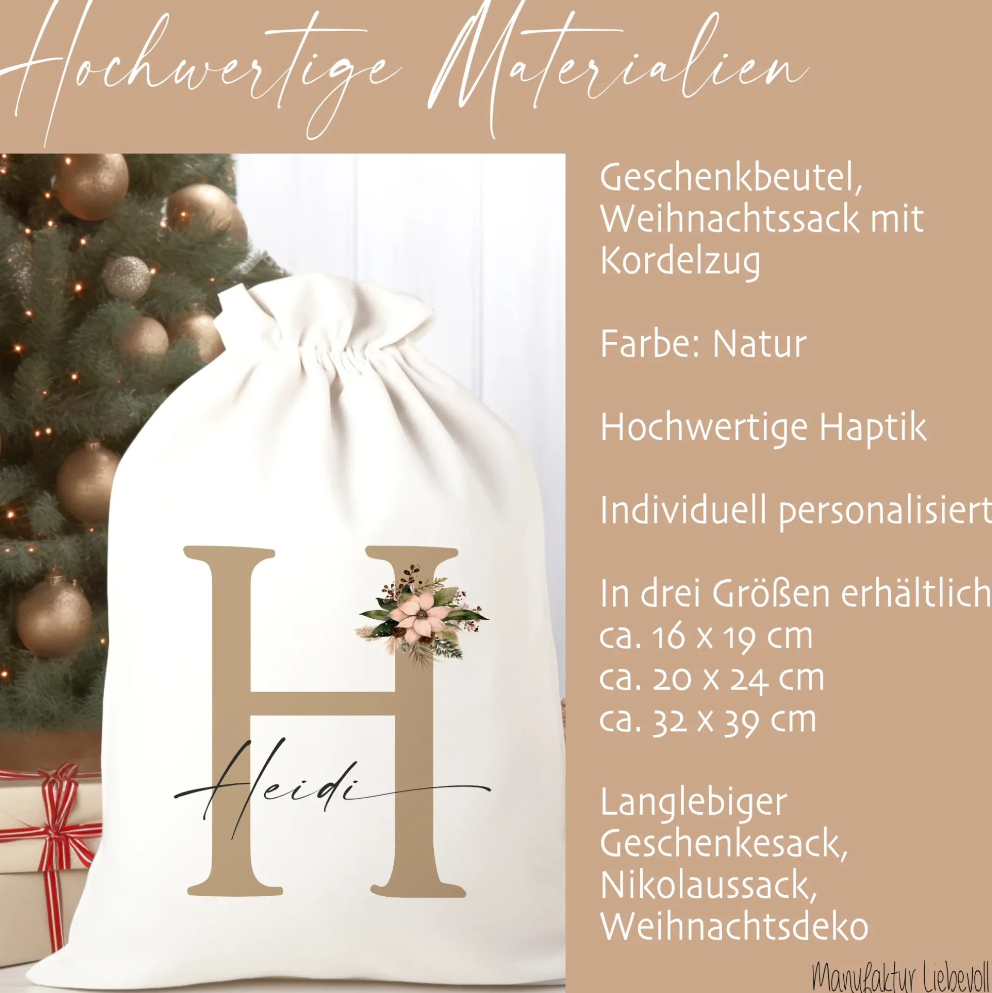 Geschenksack Namen Nikolaussack "Weihnachtsblume" Kinder Erwachsene Weihnachtsmannsack