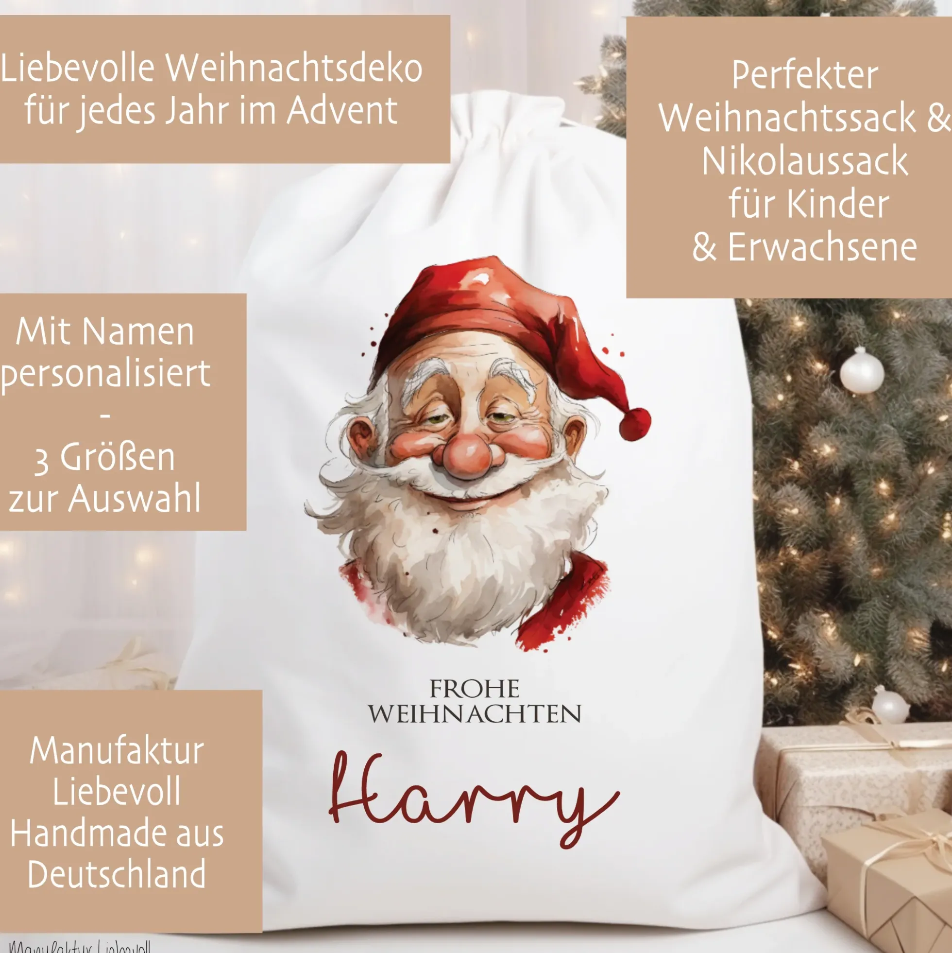 Geschenksack Namen Nikolaussack "Weihnachtsmann" Kinder Erwachsene Weihnachtsmannsack