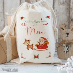 Geschenksack Namen Nikolaussack "Weihnachtsmann Schlitten" Kinder Erwachsene Weihnachtsmannsack