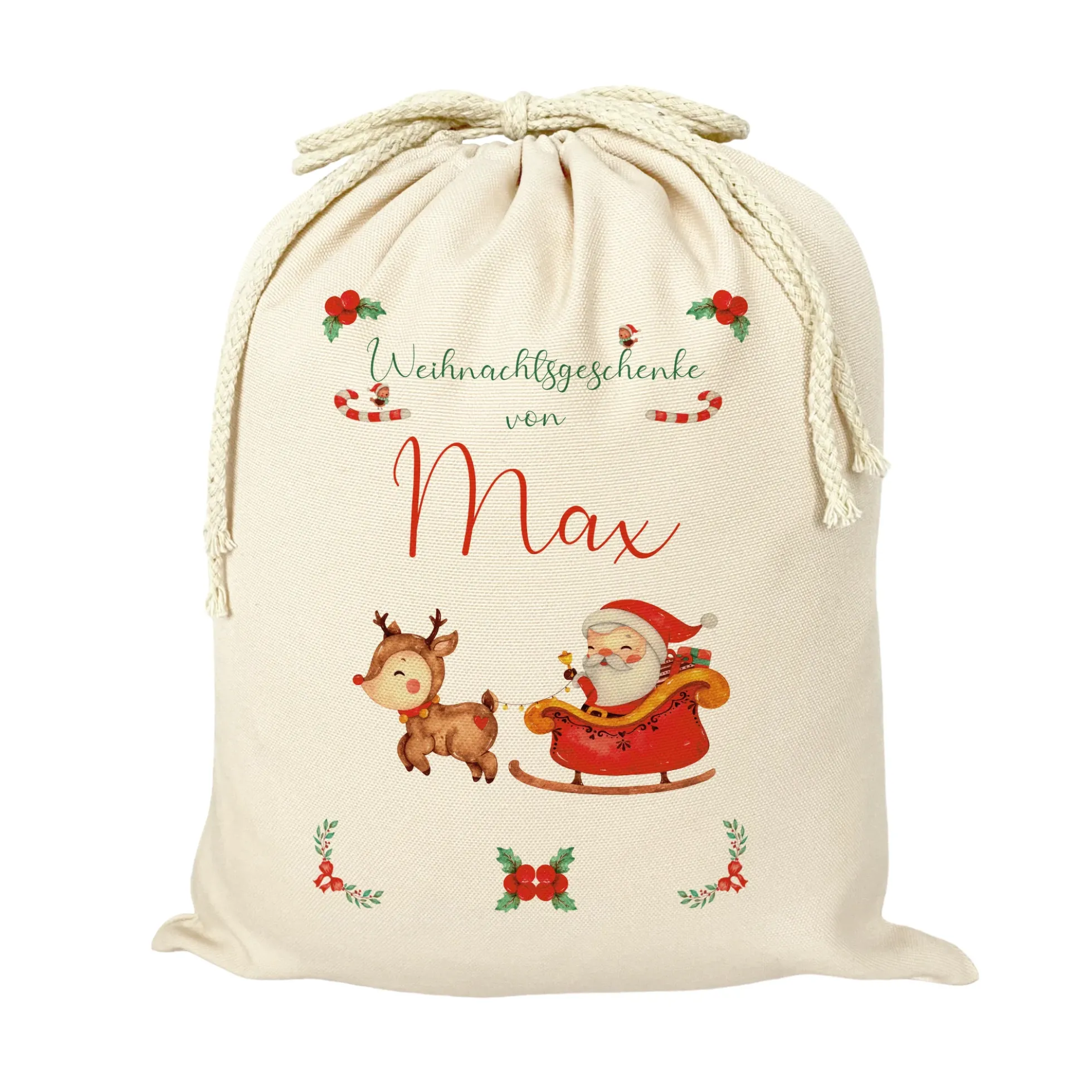 Geschenksack Namen Nikolaussack "Weihnachtsmann Schlitten" Kinder Erwachsene Weihnachtsmannsack