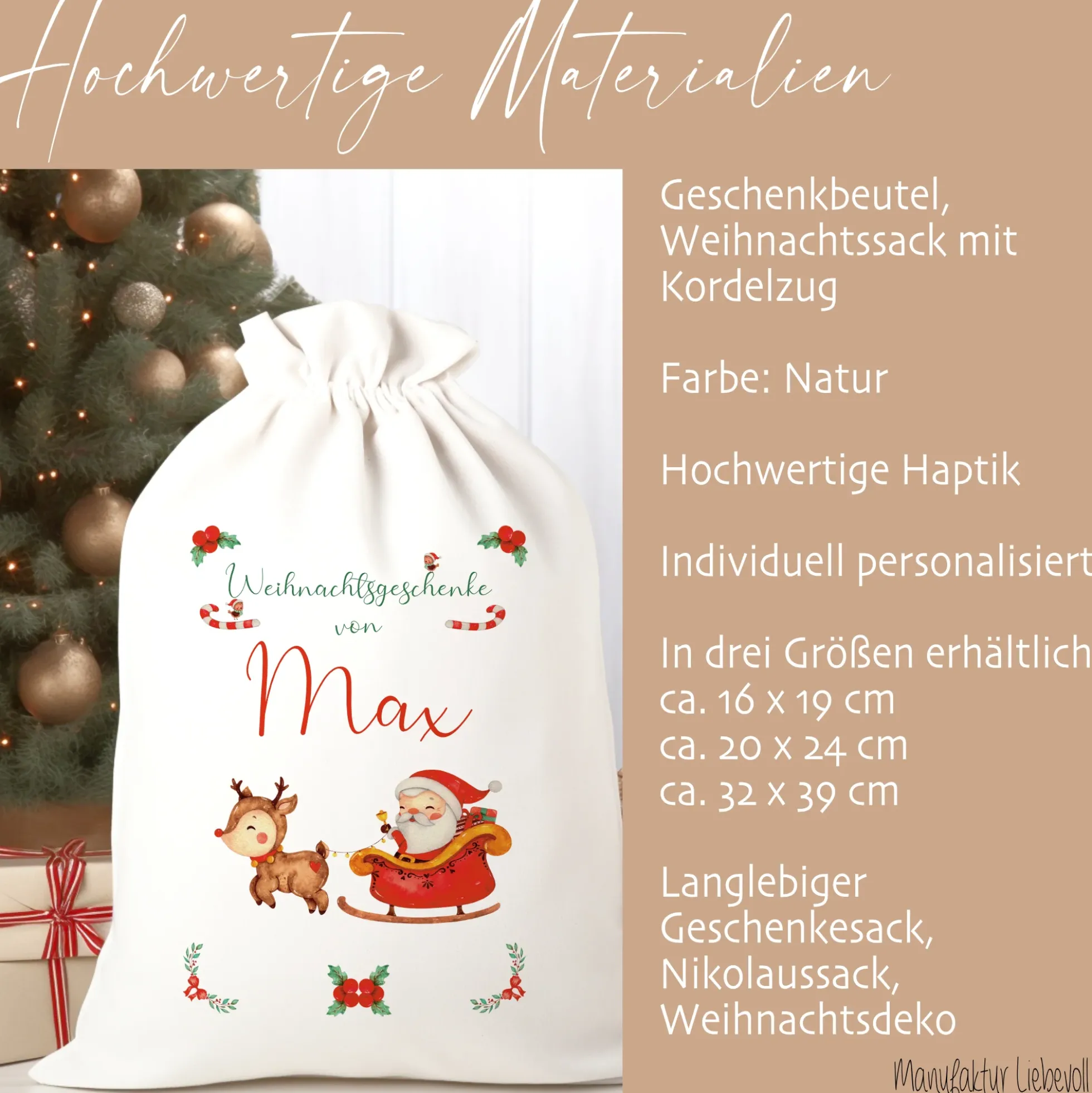 Geschenksack Namen Nikolaussack "Weihnachtsmann Schlitten" Kinder Erwachsene Weihnachtsmannsack