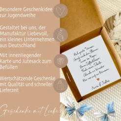 Geschenkschachtel Jugendweihe, Konfirmation, Kommunion, Firmung, Taufe, Einschulung Karte mit Namen, Geldgeschenk Box inkl. Jutebeutel I Manufaktur Liebevoll