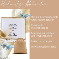 Geschenkschachtel Jugendweihe, Konfirmation, Kommunion, Firmung, Taufe, Einschulung Karte mit Namen, Geldgeschenk Box inkl. Jutebeutel I Manufaktur Liebevoll