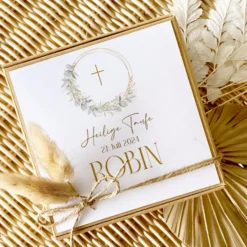 Geschenkschachtel Taufkarte Eukalyptus mit Namen für Mädchen und Jungen, Taufgeschenk Babygeschenke Geldgeschenk zur Taufe inkl. Jutebeutel I Manufaktur Liebevoll