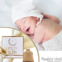 Geschenkschachtel Taufkarte Eukalyptus mit Namen für Mädchen und Jungen, Taufgeschenk Babygeschenke Geldgeschenk zur Taufe inkl. Jutebeutel I Manufaktur Liebevoll