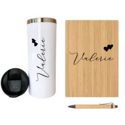 Geschenkset Thermobecher und Notizbuch "Herzen" mit Namen für Sie | Personalisiertes Geschenk für Frauen | Besondere Geschenkidee zum Geburtstag
