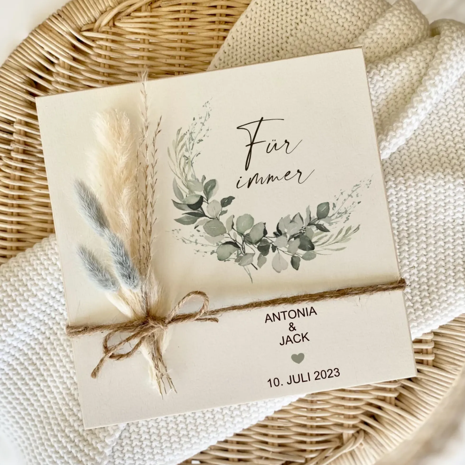 Geschenk zur Hochzeit, Personalisiertes Hochzeitsgeschenk "Für immer", Holzbild mit Namen und Datum des Brautpaares