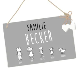Handgefertigtes u. originelles Türschild aus Holz mit Figuren, Vornamen und dem Familiennamen | Kreative Geschenkidee u. schöne Dekoration für die Haustür | 2 Größen zur Auswahl