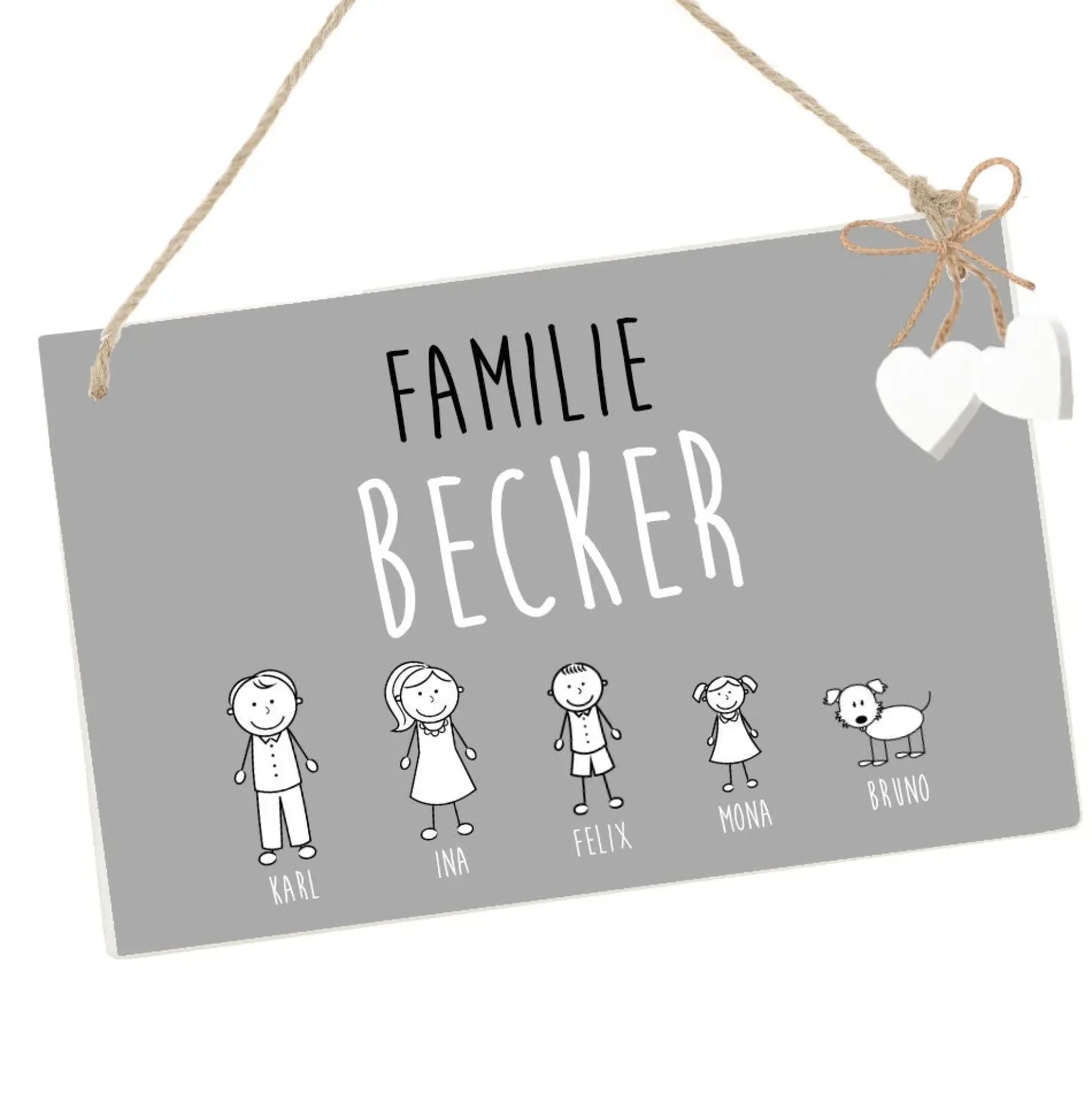 Handgefertigtes u. originelles Türschild aus Holz mit Figuren, Vornamen und dem Familiennamen | Kreative Geschenkidee u. schöne Dekoration für die Haustür | 2 Größen zur Auswahl