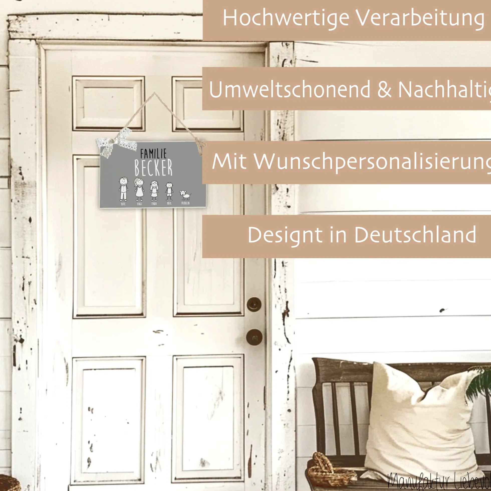 Handgefertigtes u. originelles Türschild aus Holz mit Figuren, Vornamen und dem Familiennamen | Kreative Geschenkidee u. schöne Dekoration für die Haustür | 2 Größen zur Auswahl