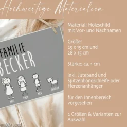 Handgefertigtes u. originelles Türschild aus Holz mit Figuren, Vornamen und dem Familiennamen | Kreative Geschenkidee u. schöne Dekoration für die Haustür | 2 Größen zur Auswahl