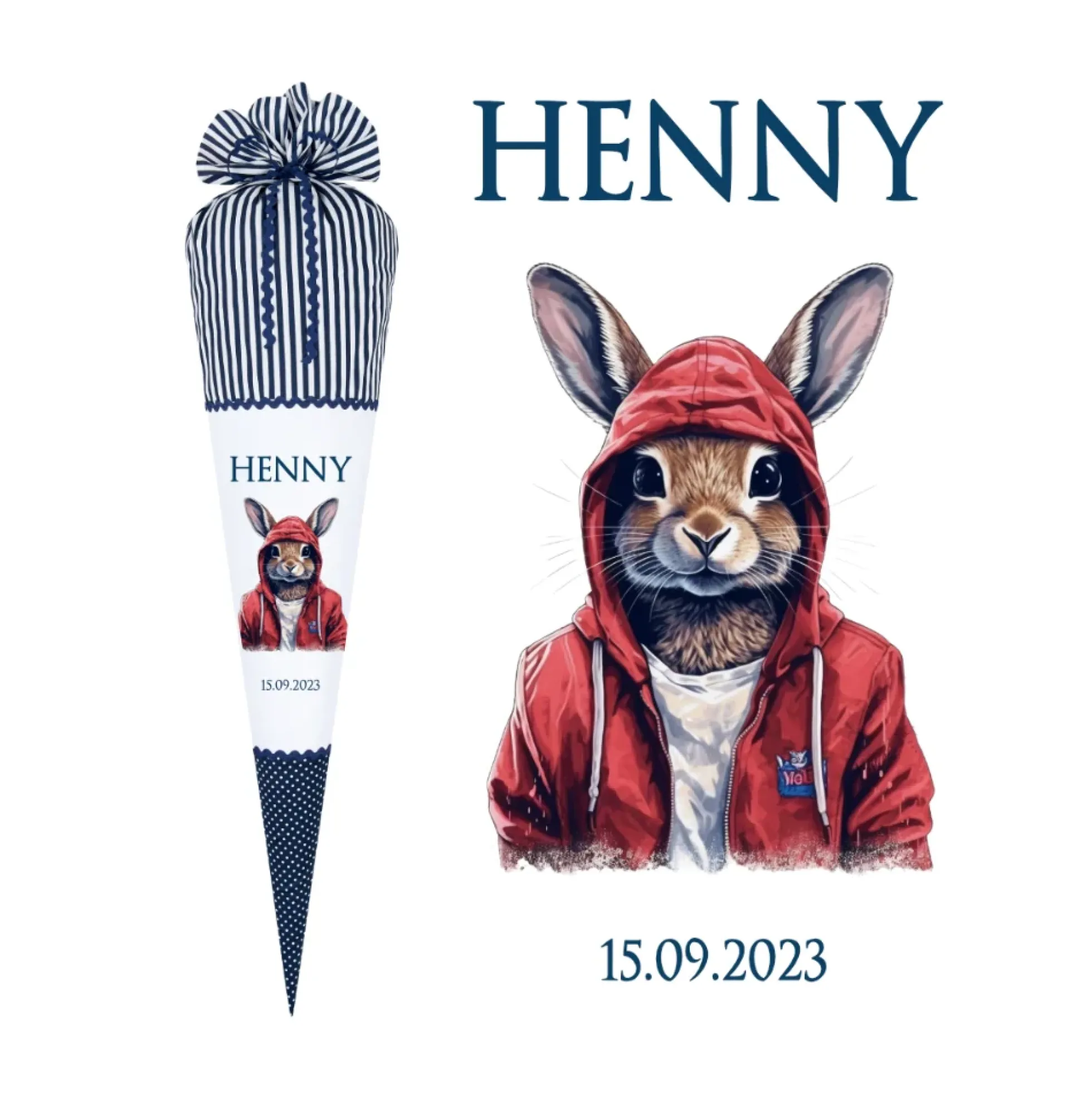 Handgenähte blaue Stoff Schultüte Junge Hase Name Einschulungstüte Einschulungsdatum Zuckertüte 70 cm personalisiert | Optional mit Füllkissen und Spitzenschutz