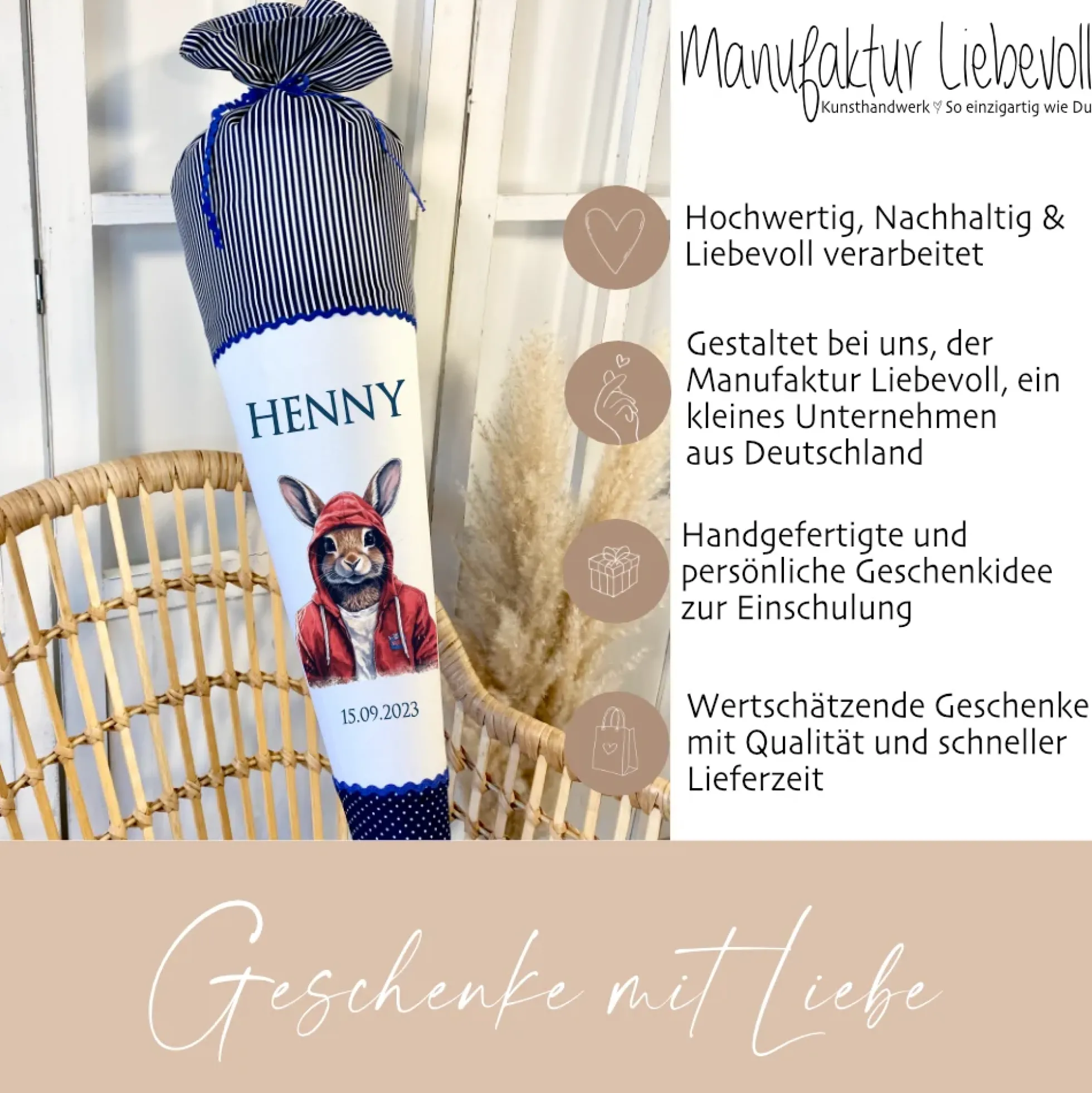 Handgenähte blaue Stoff Schultüte Junge Hase Name Einschulungstüte Einschulungsdatum Zuckertüte 70 cm personalisiert | Optional mit Füllkissen und Spitzenschutz
