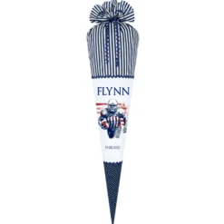 Handgenähte blaue Stoff USA Schultüte Football Amerika Sport mit Namen für Jungen Einschulungstüte Datum 70 cm | Optional mit Füllkissen und Spitzenschutz