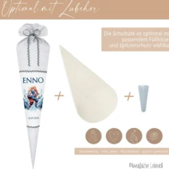 Handgenähte personalisierte graue Eishockey Stoff Schultüte mit Namen Sport Einschulungstüte Datum Zuckertüte 70 cm | Optional mit Füllkissen und Spitzenschutz