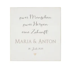 Holzbild für Paare mit Namen, Datum und Spruch "zwei Menschen, zwei Herzen, eine Zukunft“ | Originelles Geschenk für Verliebte, Ehepaare und Paare als Hochzeitsgeschenk, zum Valentinstag und zum Jahrestag