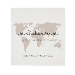 Holzbild "Weltkarte" für Paare u. Familien mit Namen u. Koordinaten | Stilvolles Geschenk für Verliebte, Ehepaare und Paare als Hochzeitsgeschenk, zum Valentinstag und zum Richtfest