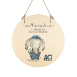 Holzschild mit Elefant, Namen und Geburtsdaten für Mädchen u. Jungen | Personalisiertes Geschenk u. Babygeschenk zur Geburt u. Taufe