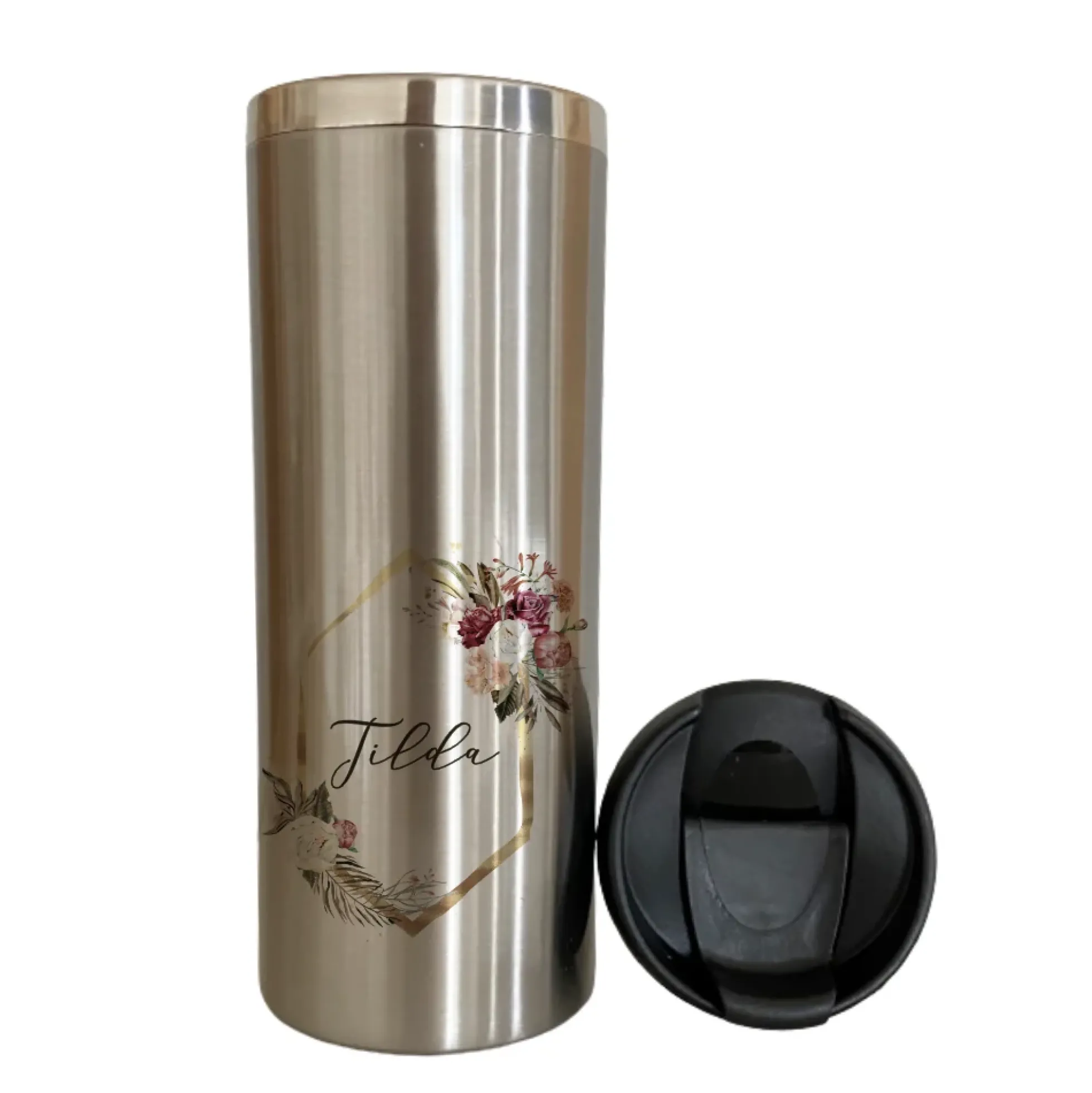 Isolierter Trinkbecher "Floral Boho" für unterwegs aus Edelstahl | Personalisiert mit Namen, Coffee to go Thermobecher | 2 Farbvarianten zur Auswahl
