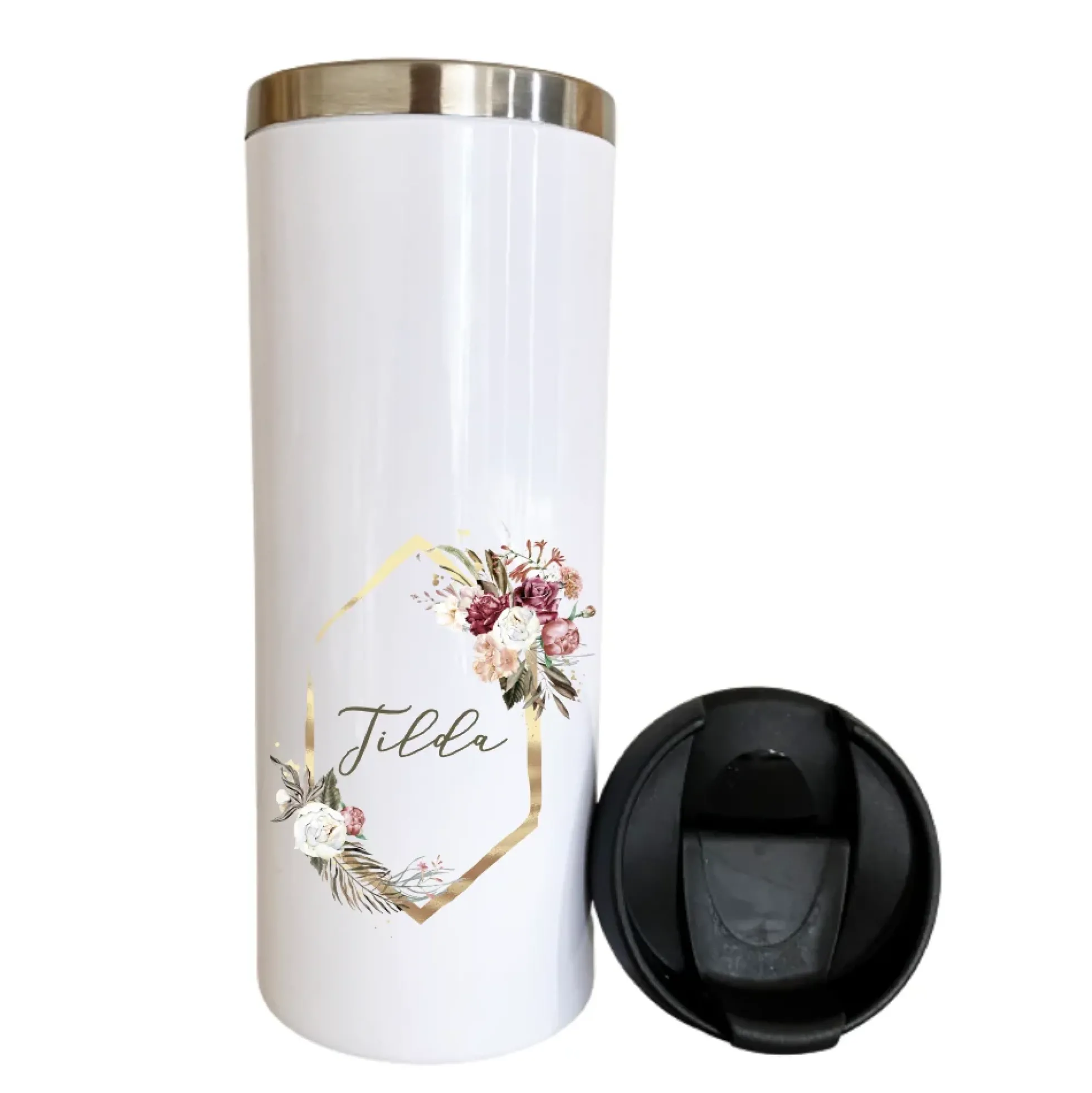 Isolierter Trinkbecher "Floral Boho" für unterwegs aus Edelstahl | Personalisiert mit Namen, Coffee to go Thermobecher | 2 Farbvarianten zur Auswahl
