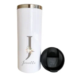 Kaffeebecher für unterwegs aus Edelstahl, personalisiert mit Namen, Coffee to go Thermobecher, Geschenkidee im floralen Design | 2 Farbvarianten zur Auswahl