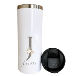 Kaffeebecher für unterwegs, personalisiert mit Namen, Coffee to go Thermobecher aus Edelstahl, Geschenkidee im floralen Design | 2 Farbvarianten zur Auswahl