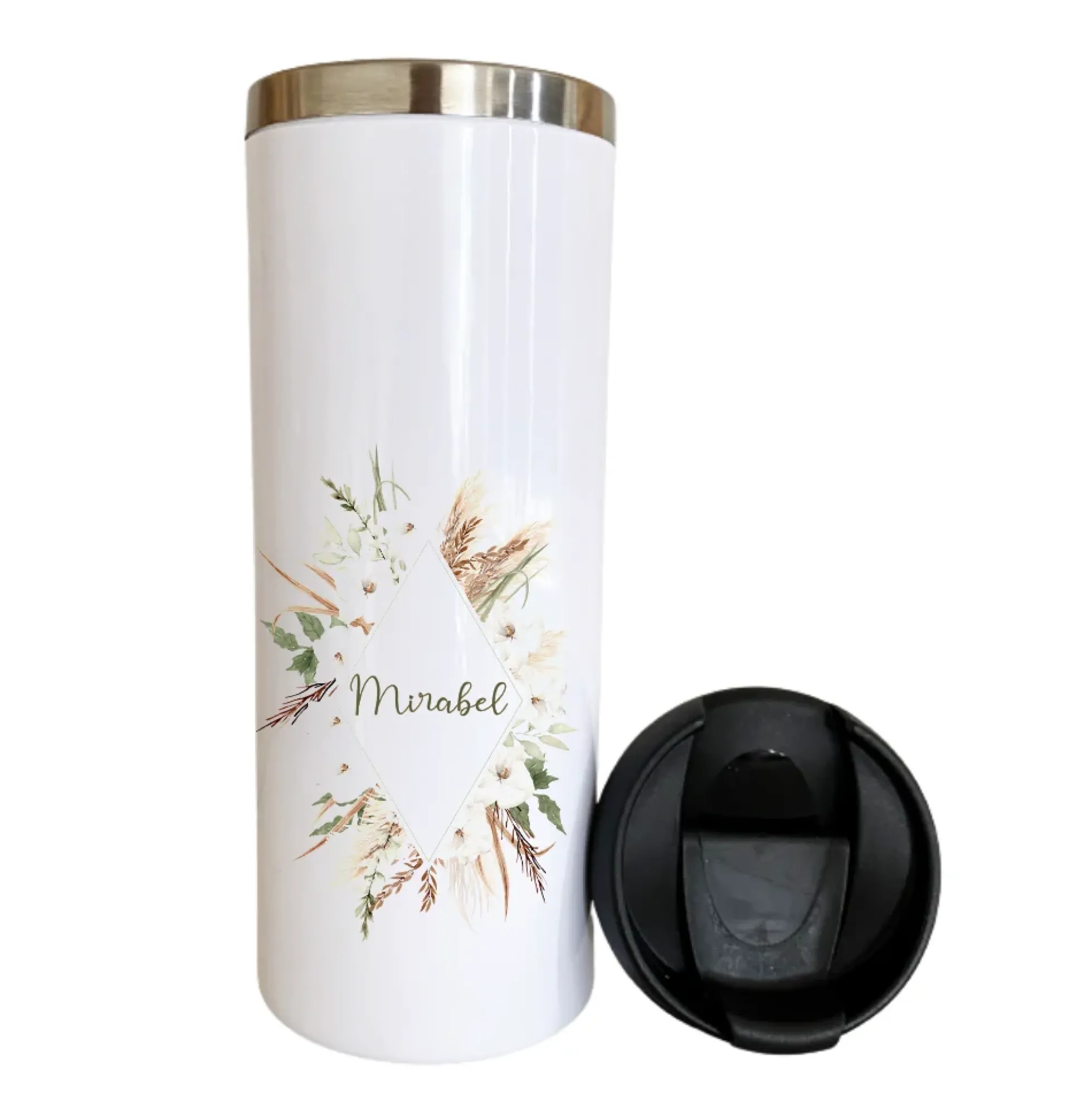 Kaffeebecher in Weiß "Boho" für unterwegs aus Edelstahl | Personalisiert mit Namen, Coffee to go Thermobecher