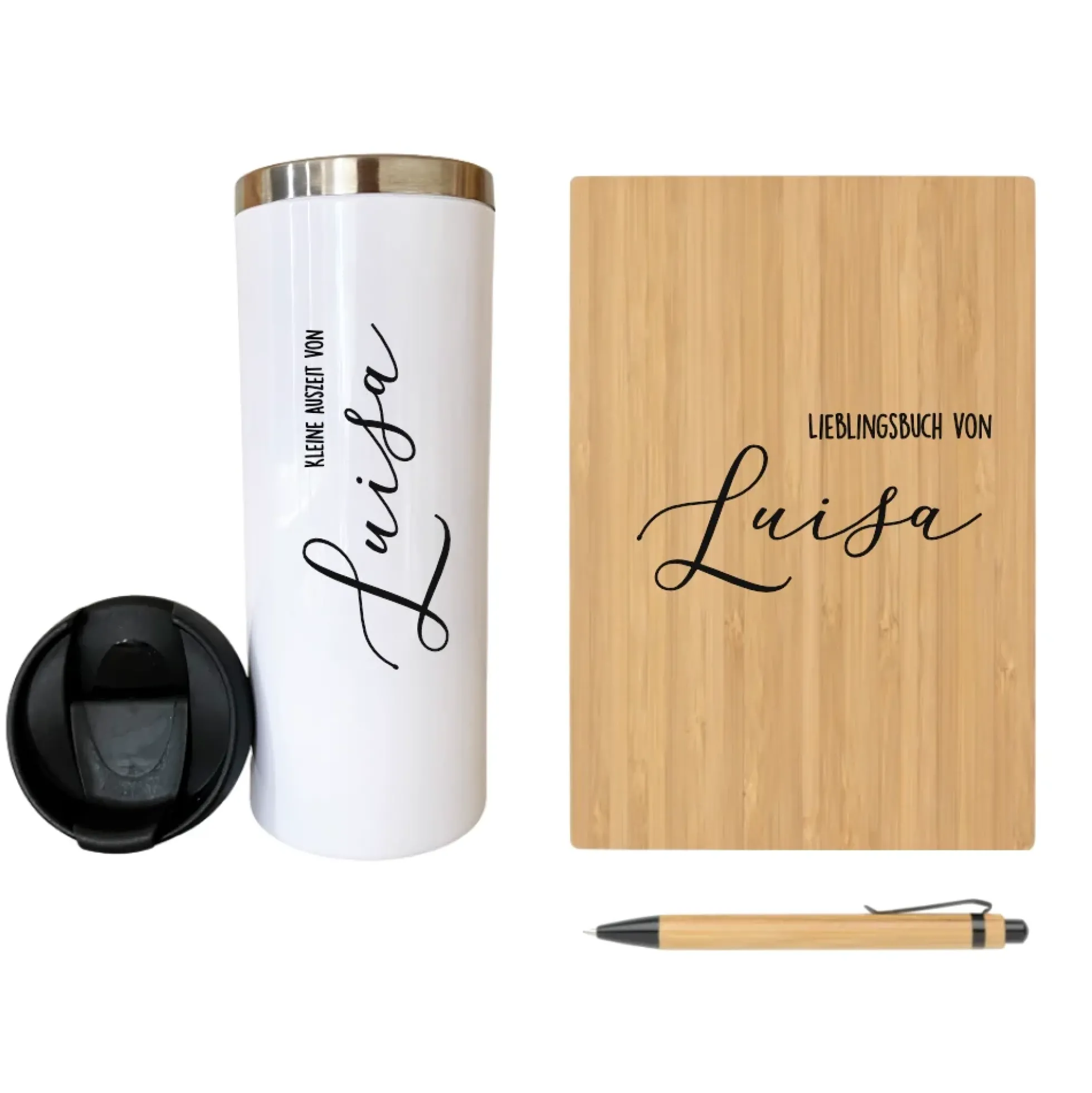 Kaffeebecher "Kleine Auszeit" und Notizbuch " Lieblingsbuch" mit Namen für Sie u. Ihn | Personalisiertes Geschenkset für Frauen u. Männer | besondere Geschenkidee zum Geburtstag