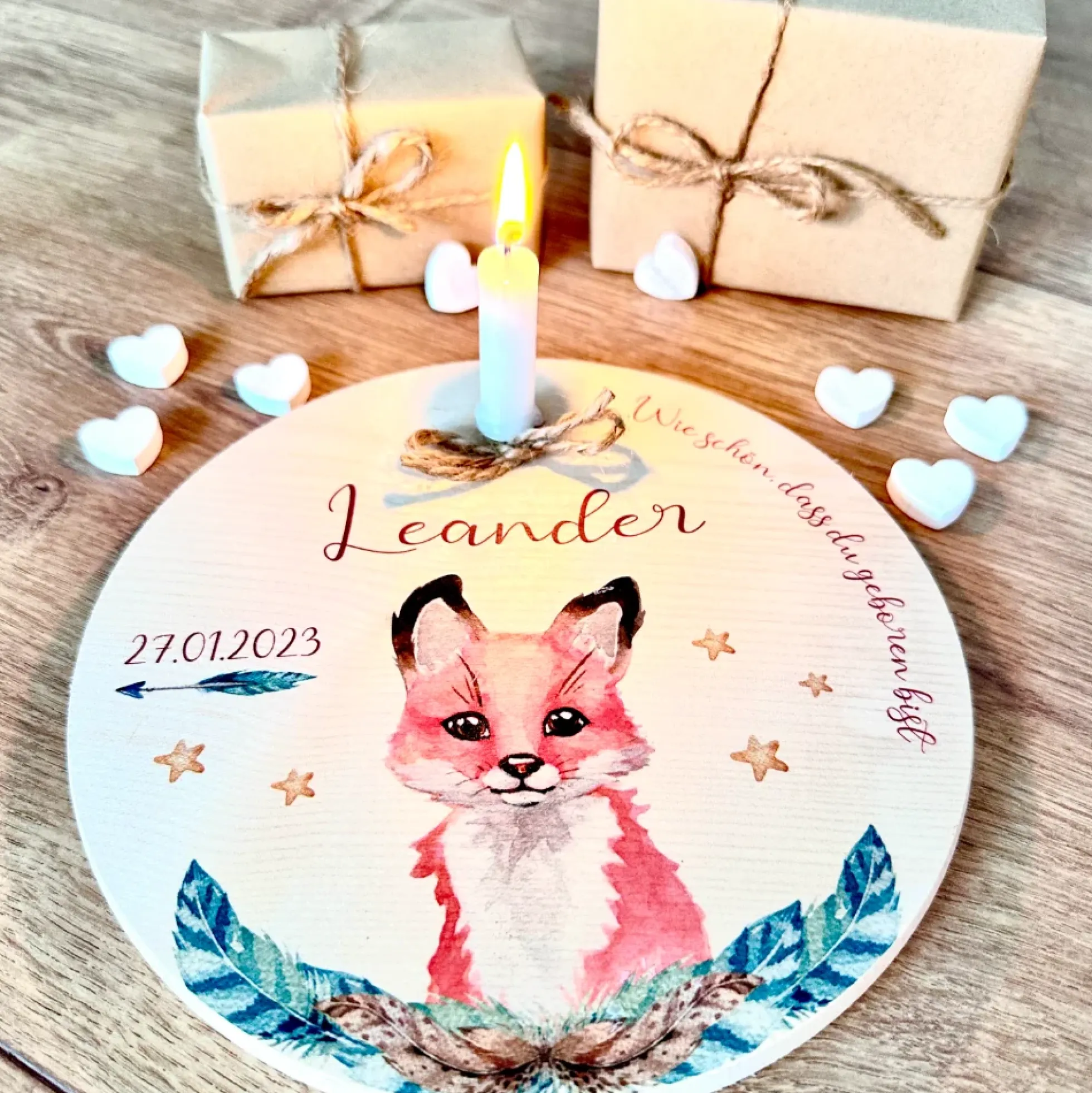 Kerzenteller "Fuchs" für Kinder | Personalisierter Geburtstagsteller aus Holz für Mädchen und Jungen + Kerze | Geschenkidee zur Geburt, Taufe, Kindergeburtstag | weitere Motive zur Auswahl
