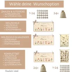 Kinder Adventskalender "Weihnachtsfiguren" mit Namen personalisiert aus Stoff zum Befüllen Holzschild Adventskalender jedes Jahr Weihnachten Mädchen Jungen