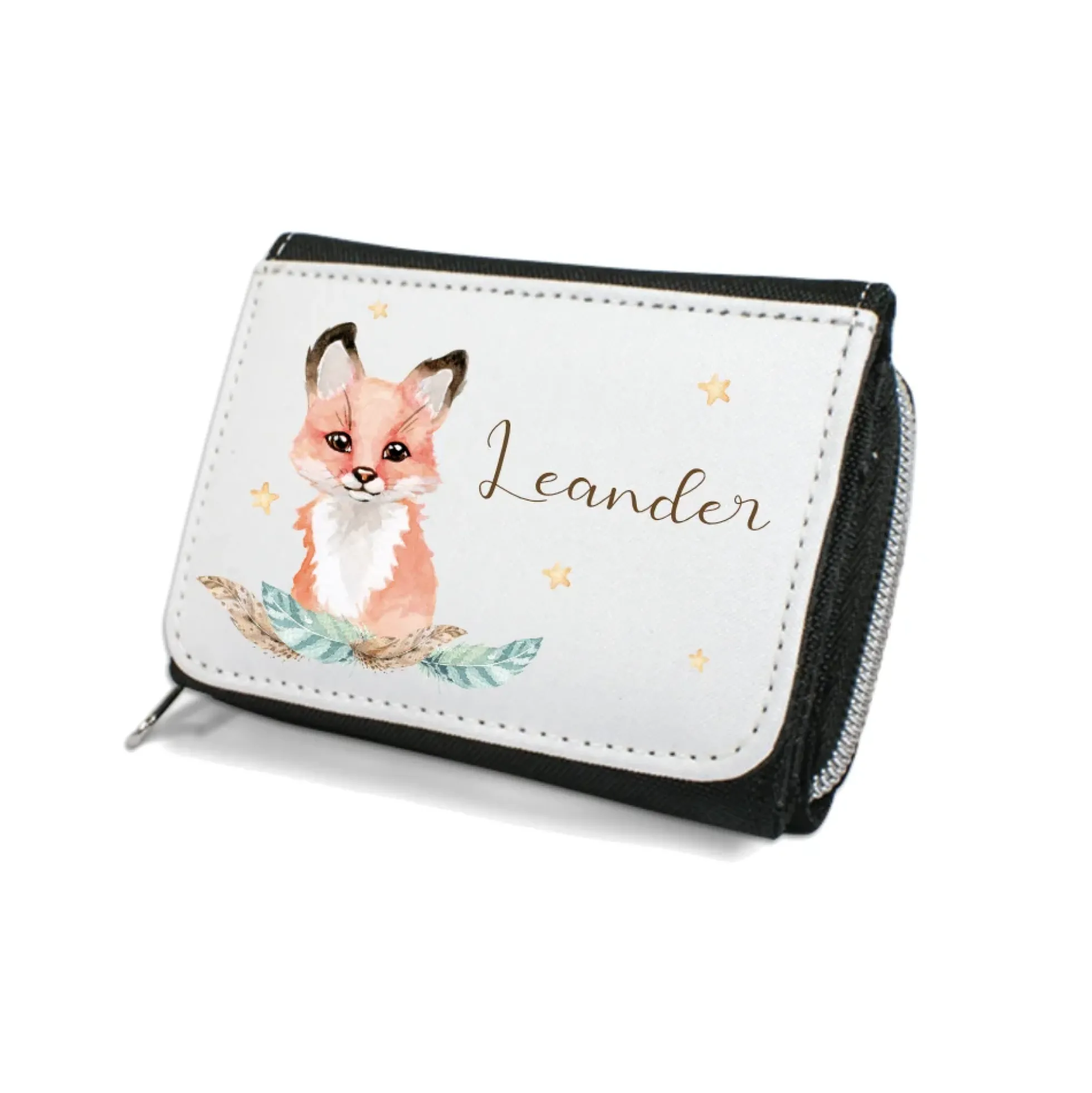 Kinderportemonnaie für Mädchen u. Jungen mit Tiermotiv u. Name | Geldbörse mit Wunschname u. Tierbaby | 4 Motivvarianten zur Auswahl | Fuchs, Bär, Hase, Waschbär