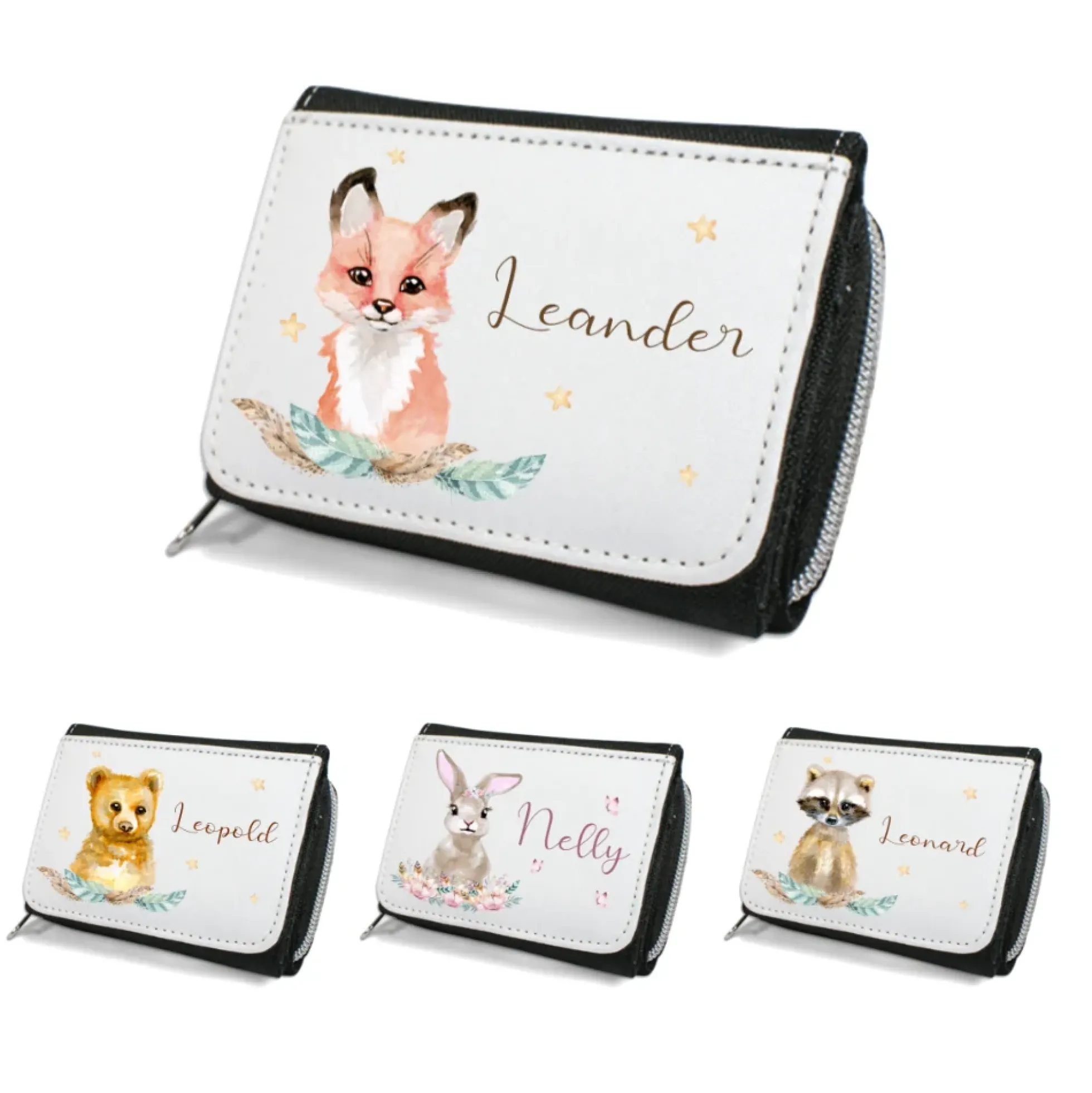 Kinderportemonnaie für Mädchen u. Jungen mit Tiermotiv u. Name | Geldbörse mit Wunschname u. Tierbaby | 4 Motivvarianten zur Auswahl | Fuchs, Bär, Hase, Waschbär