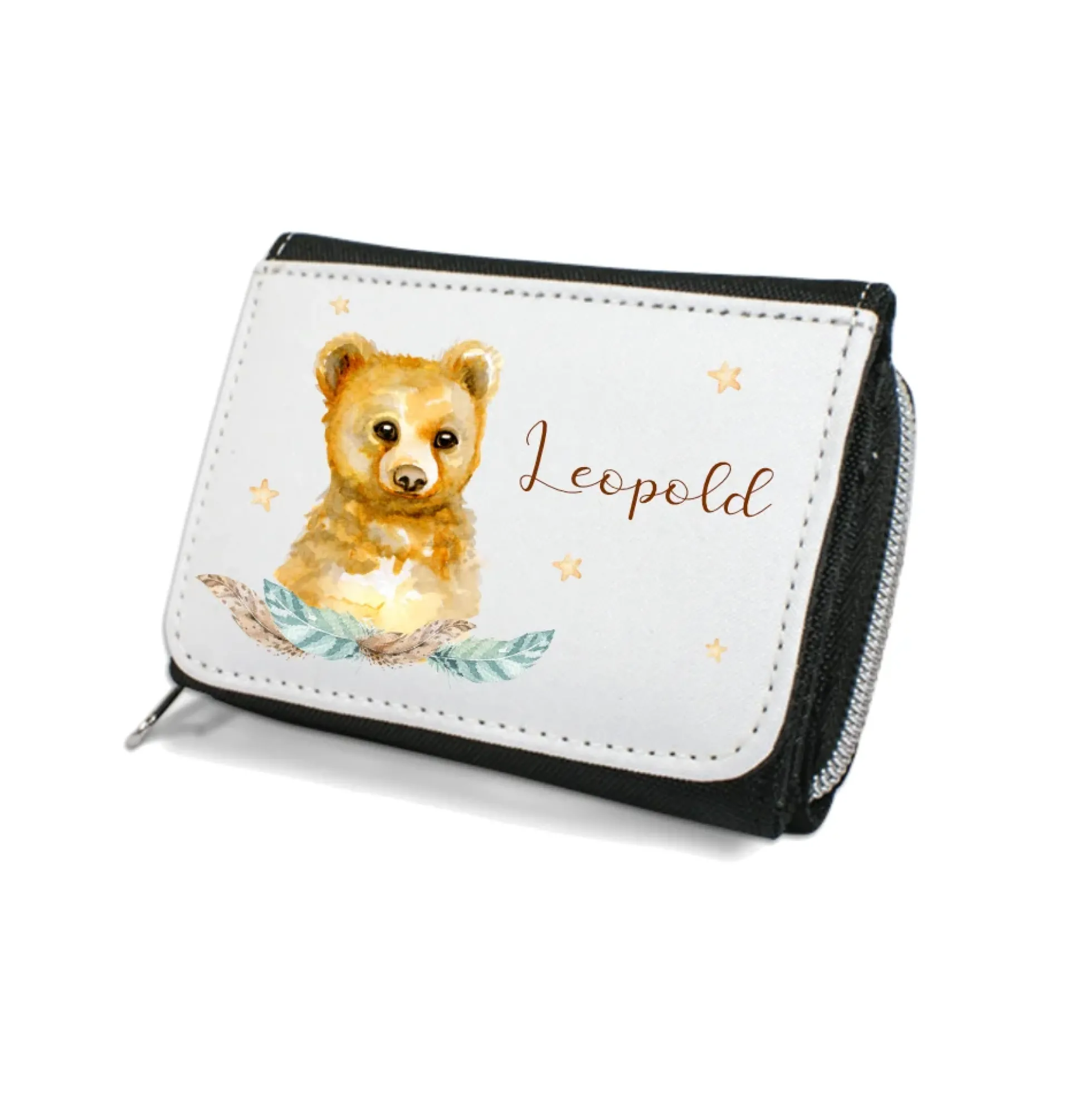 Kinderportemonnaie für Mädchen u. Jungen mit Tiermotiv u. Name | Geldbörse mit Wunschname u. Tierbaby | 4 Motivvarianten zur Auswahl | Fuchs, Bär, Hase, Waschbär