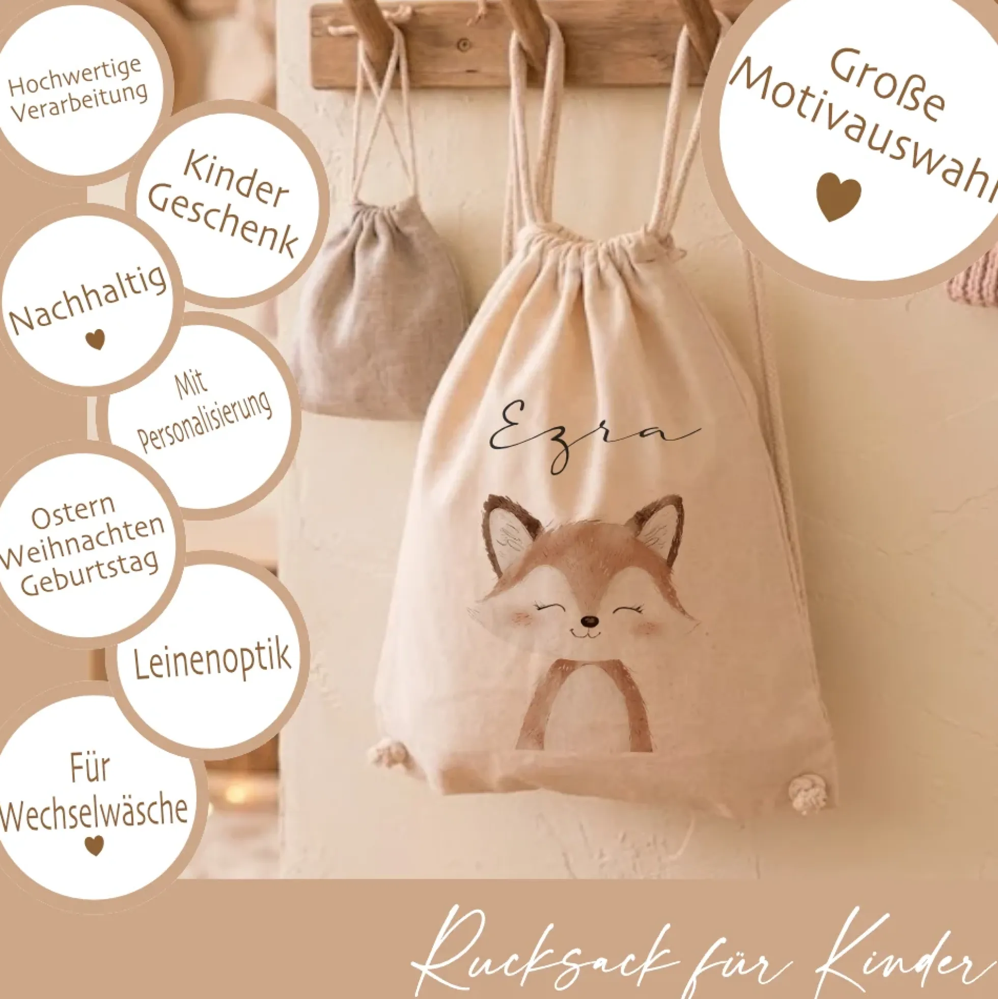 Kinder-Rucksack & Turnbeutel im Boho-Stil – Personalisiert für Kindergarten & Kita, Kinderbeutel