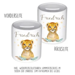 Kinder Spardose Löwe mit Namen für Kinder | Personalisiertes Geschenk für Mädchen u. Jungen | Originelles Geldgeschenk u. handgefertigte Geschenkidee | 11 Motive zur Auswahl