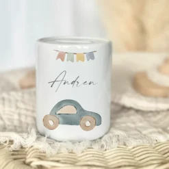 Kinderspardose mit Auto - Personalisiert mit dem Namen des Kindes
