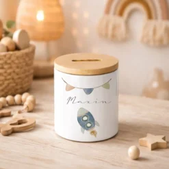 Kinderspardose mit Namen – Personalisierte Spardose aus Keramik mit Bambusdeckel