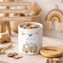 Kinderspardose mit Namen – Personalisierte Spardose aus Keramik mit Bambusdeckel