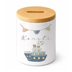 Kinderspardose mit Namen – Personalisierte Spardose aus Keramik mit Bambusdeckel