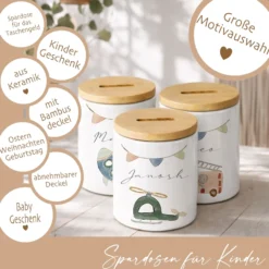 Kinderspardose mit Namen – Personalisierte Spardose aus Keramik mit Bambusdeckel